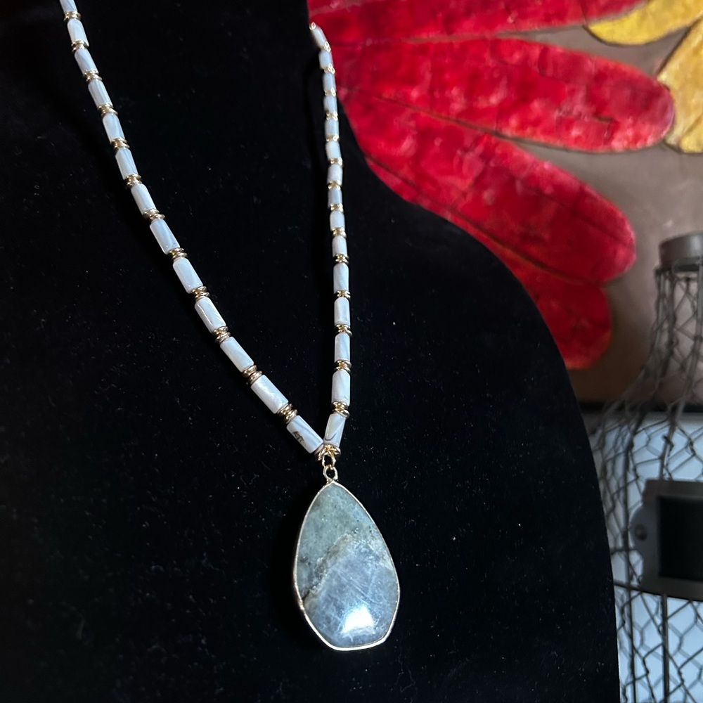 Elegant Necklace, Grey Stone Pendant with pale blue beading.